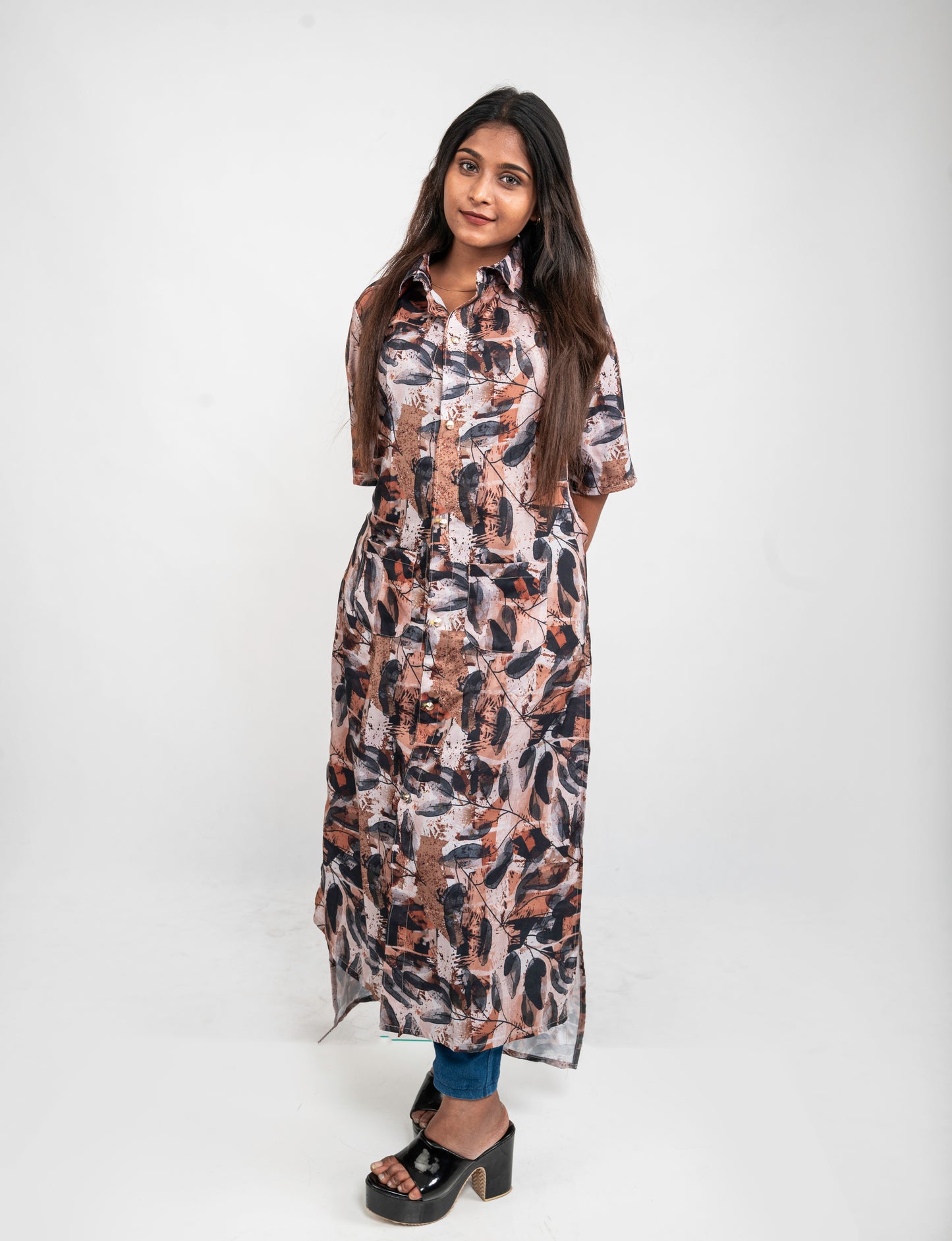 EARTHY BLOOM - BRWON ABSTRACT FRONT OPEN SHIRT