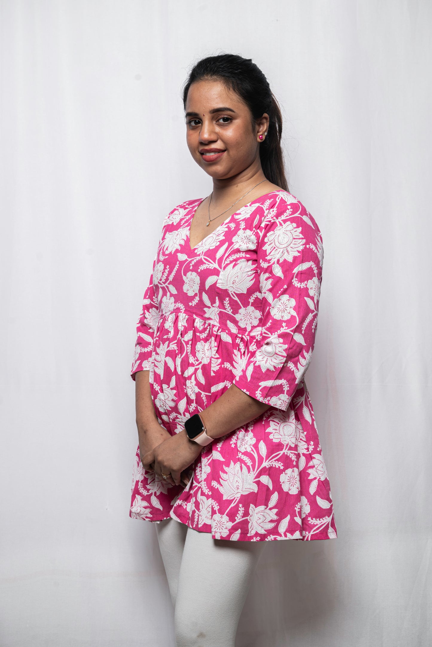 Blossom Pink Cotton V-Neck Kurti