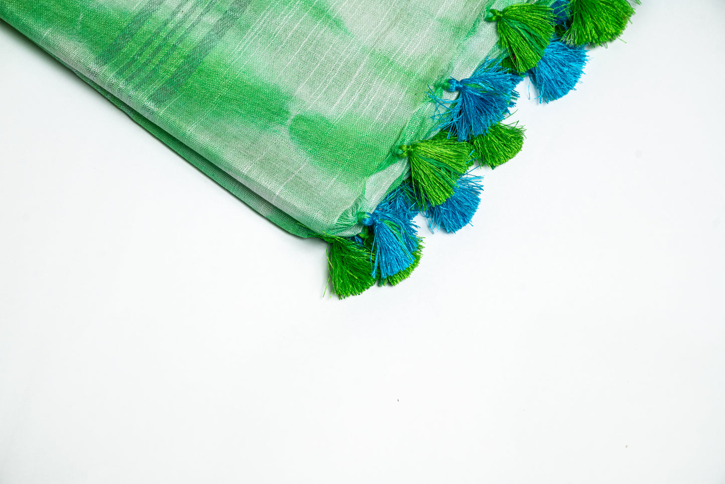 Ocean Mist - Light Blue and Light Green Linen Saree with Light Blue and Light Green Tassels