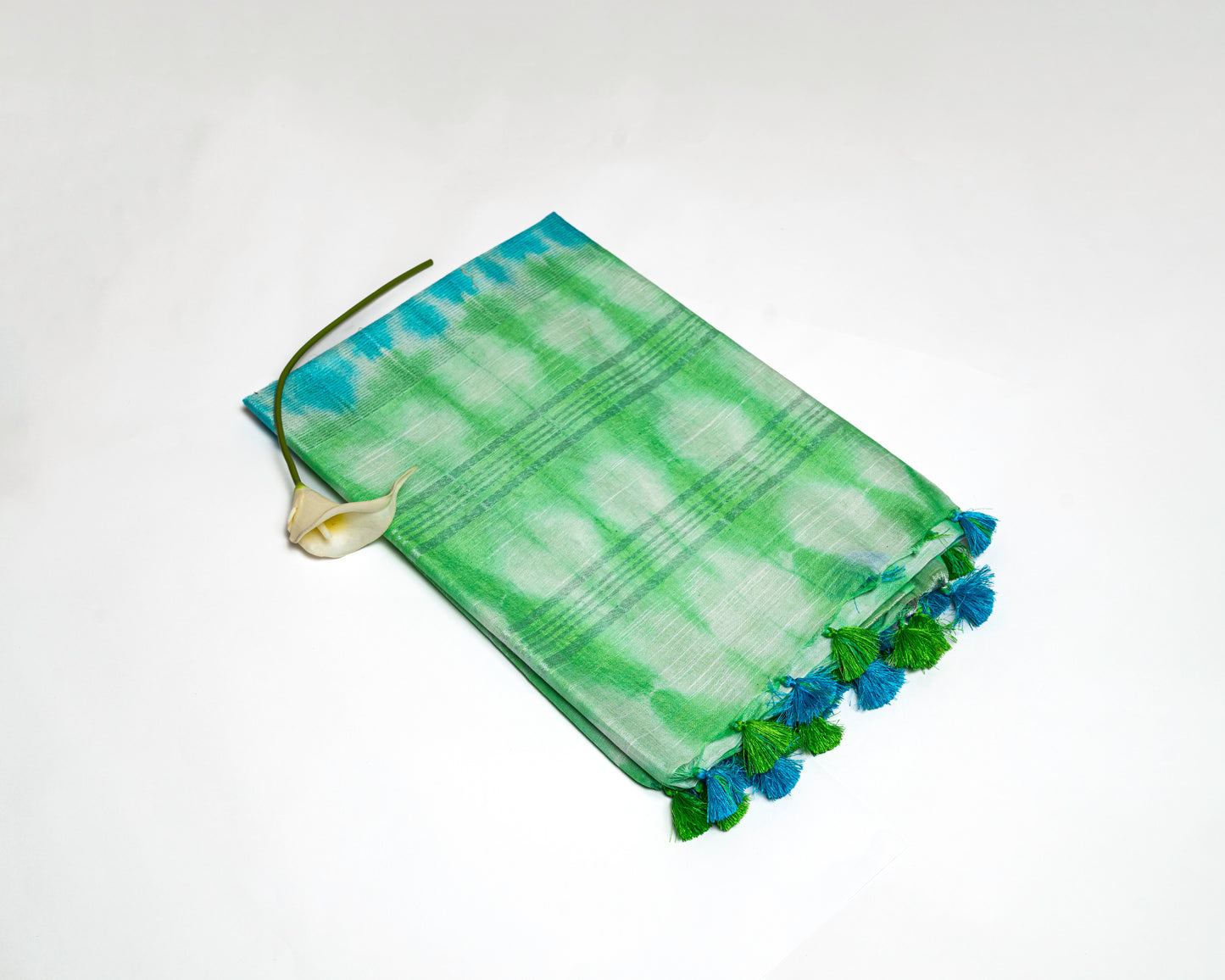 Ocean Mist - Light Blue and Light Green Linen Saree with Light Blue and Light Green Tassels