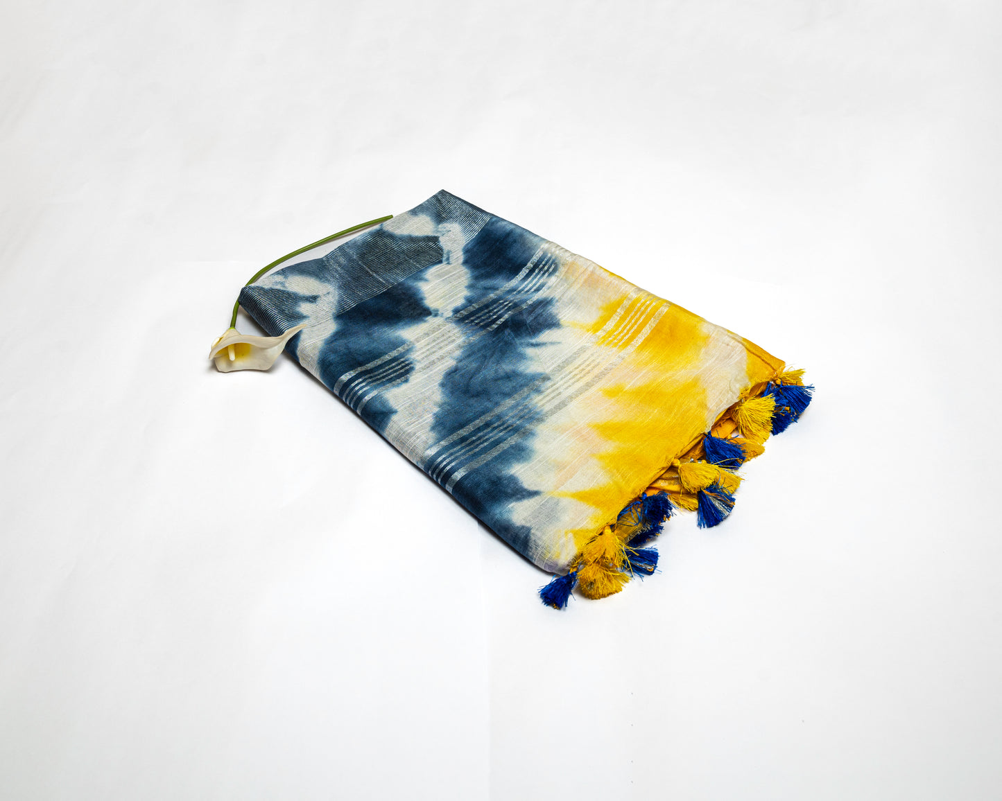 Citrus Burst - Yellow and Blue Linen Saree with Yellow and Blue Tassels