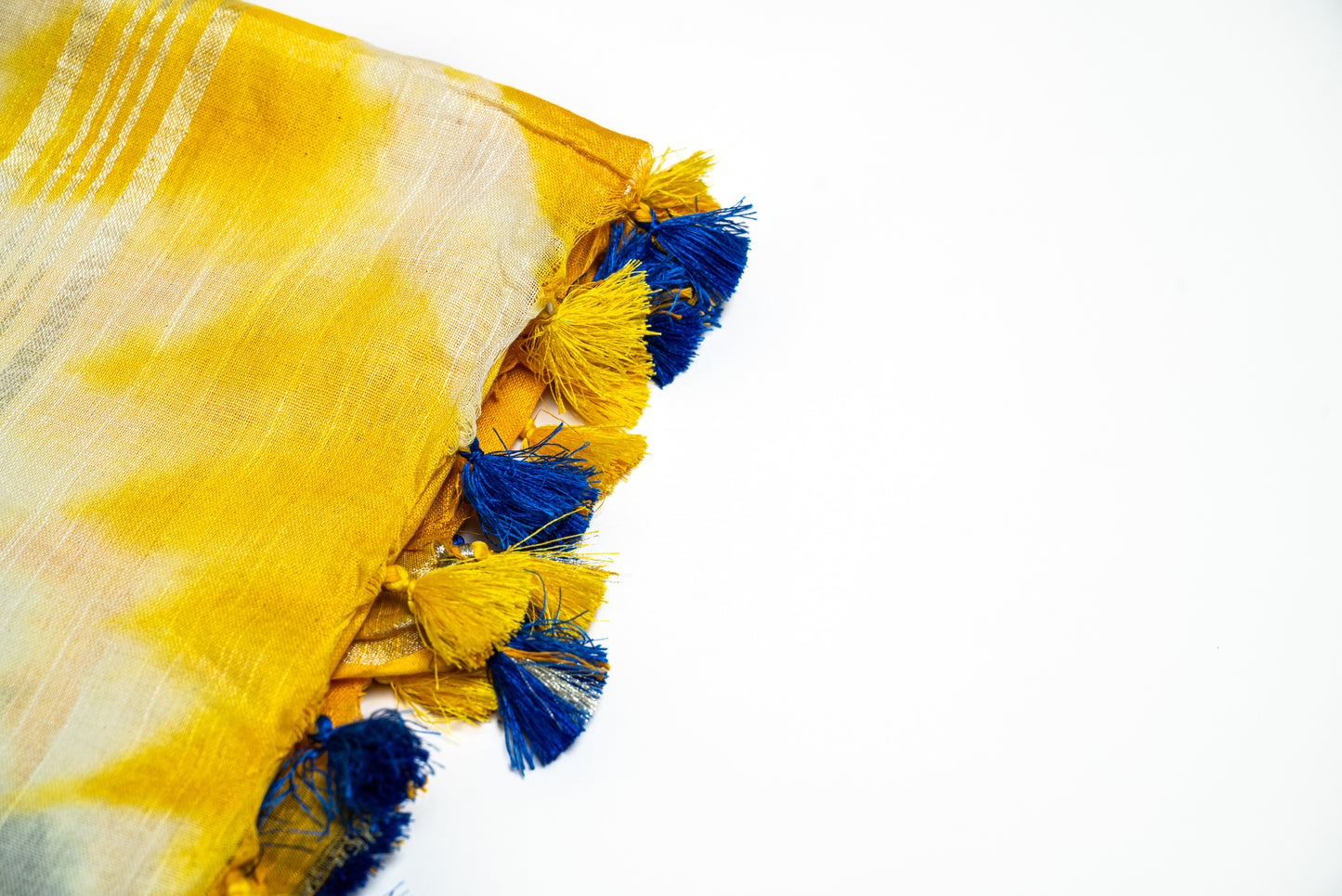 Citrus Burst - Yellow and Blue Linen Saree with Yellow and Blue Tassels
