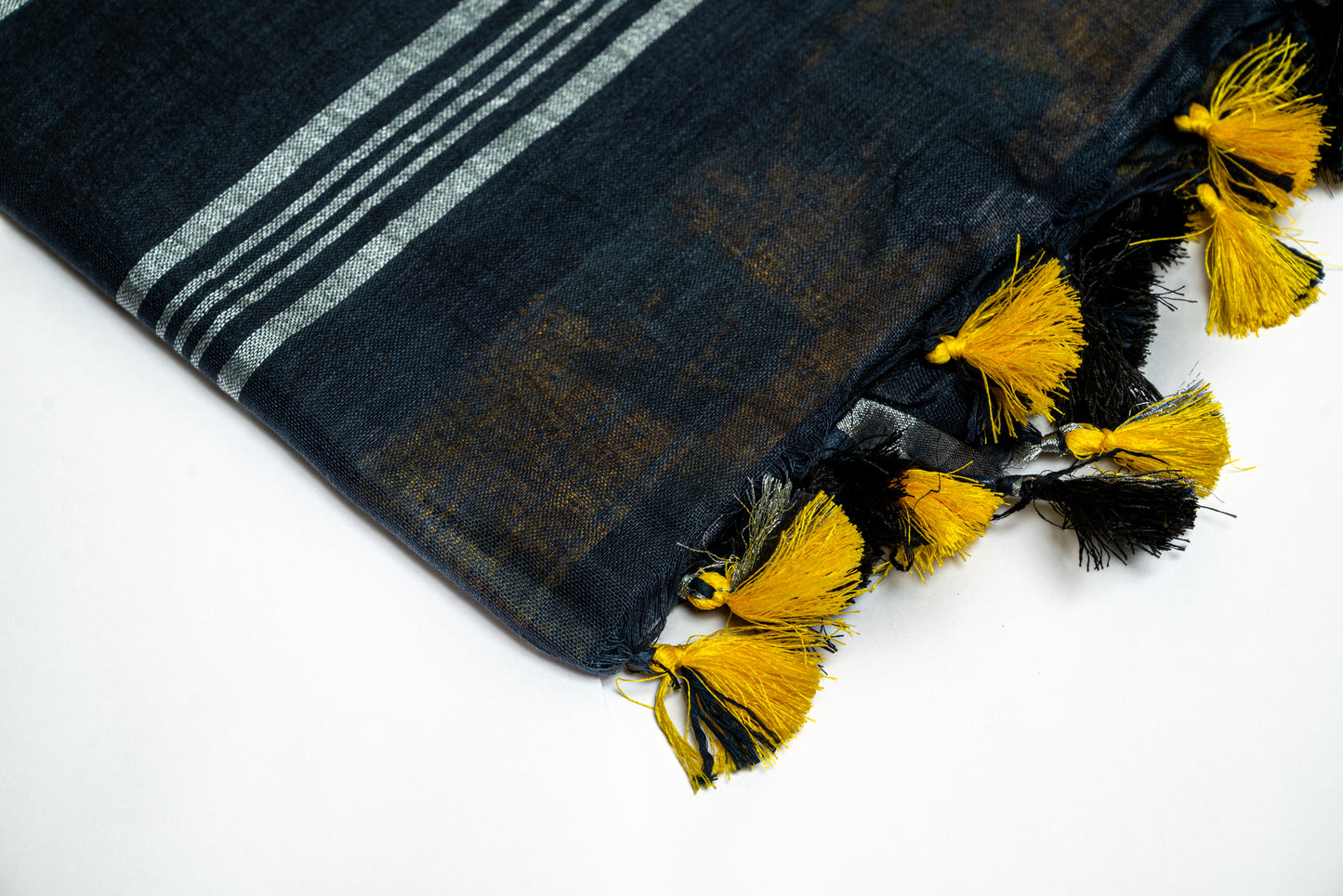 Golden Horizon - Navy Blue and Yellow Linen Saree with Navy Blue and Yellow Tassels