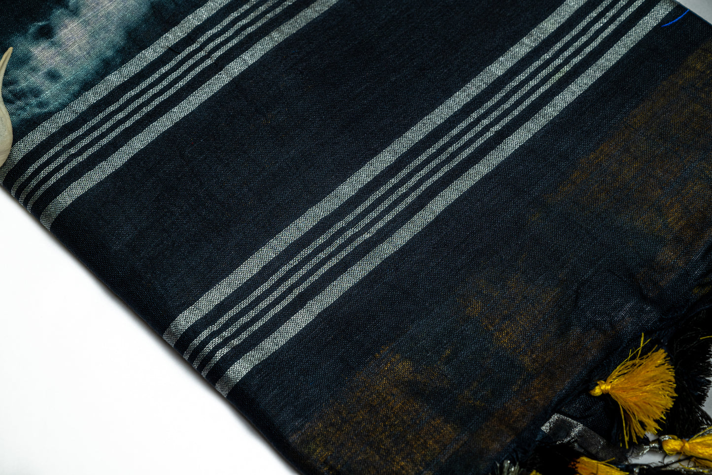 Golden Horizon - Navy Blue and Yellow Linen Saree with Navy Blue and Yellow Tassels