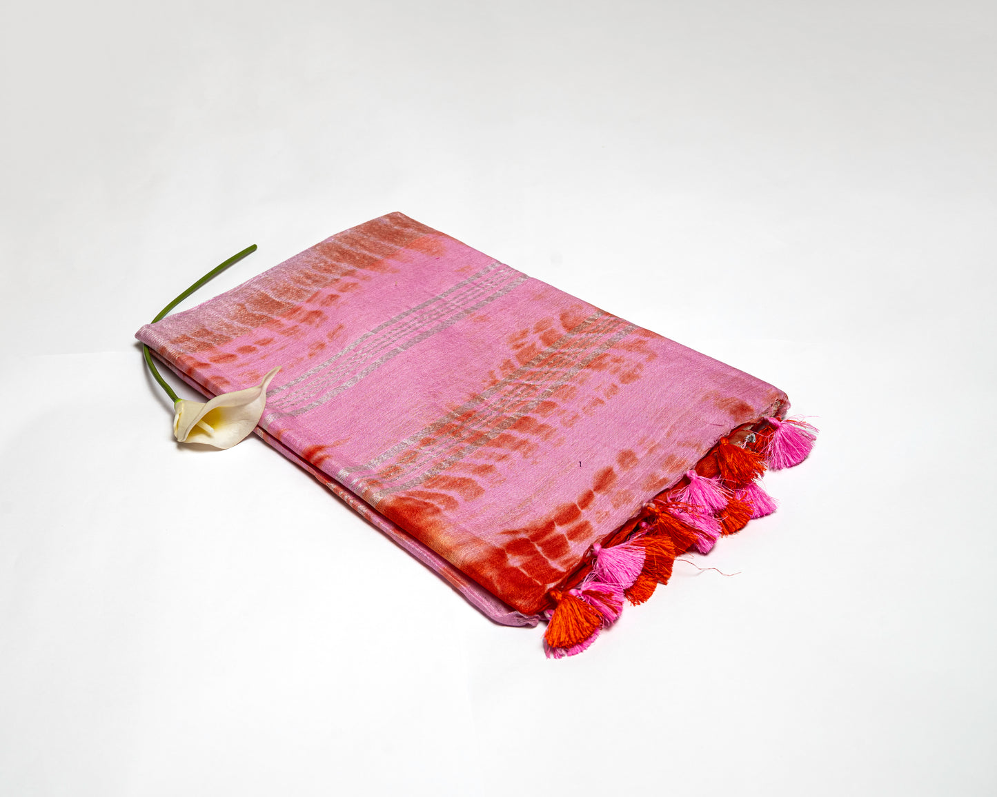 Peach Blossom - Pink and Orange Linen Saree with Pink and Orange Tassels
