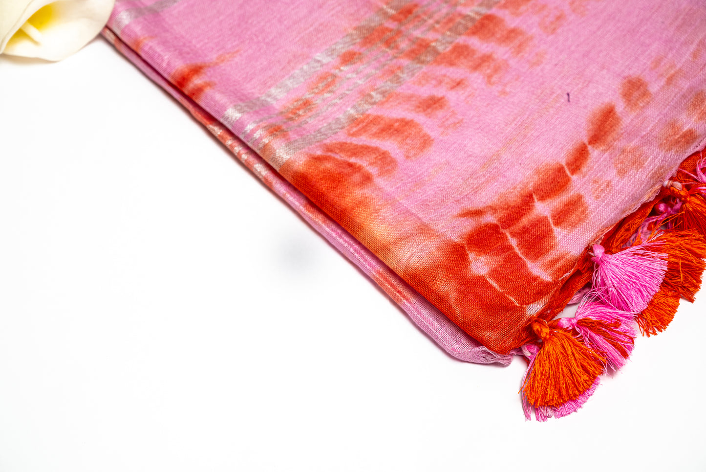 Peach Blossom - Pink and Orange Linen Saree with Pink and Orange Tassels