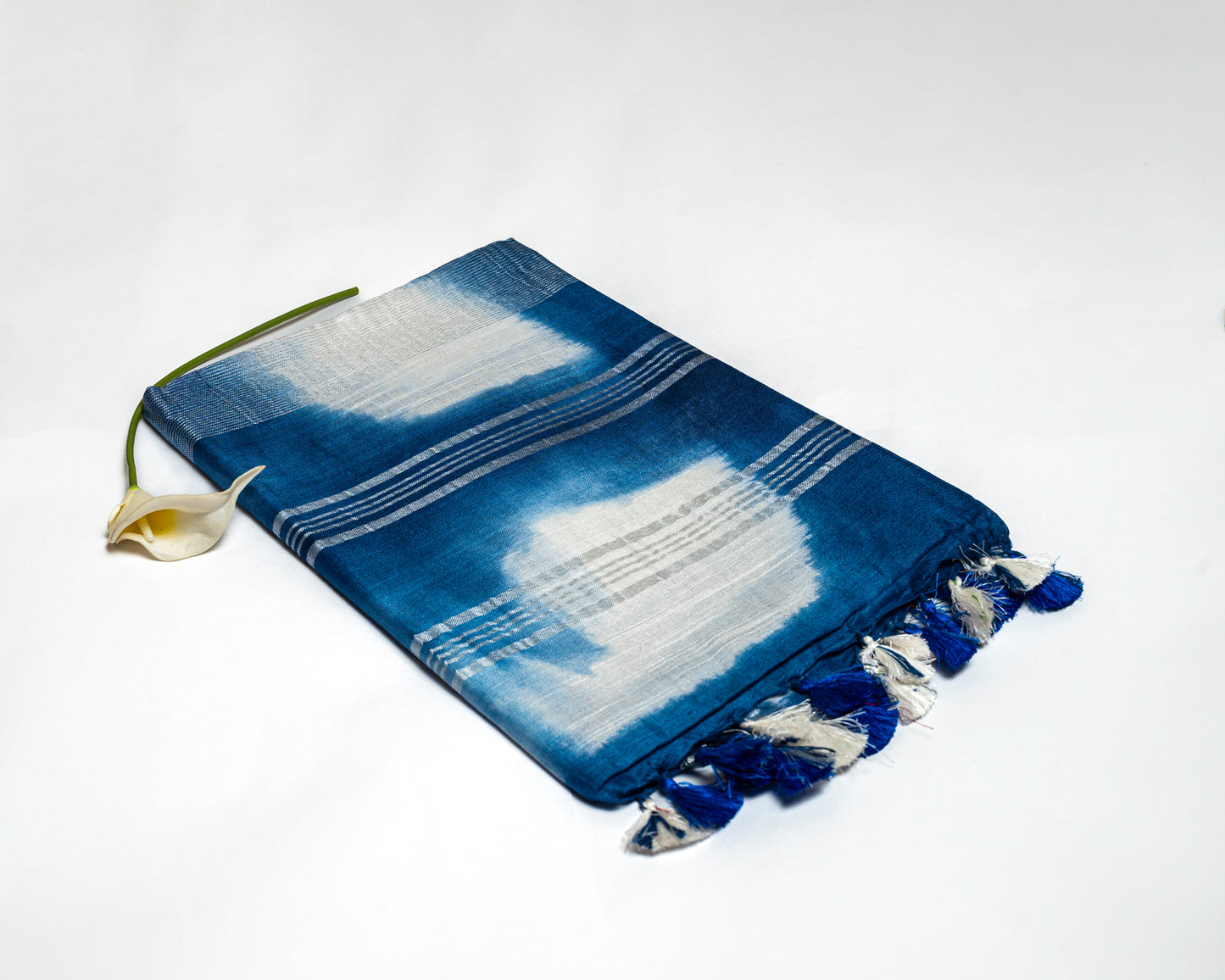 Sapphire Glow - Navy Blue and White Linen Saree with Navy Blue and White Tassels