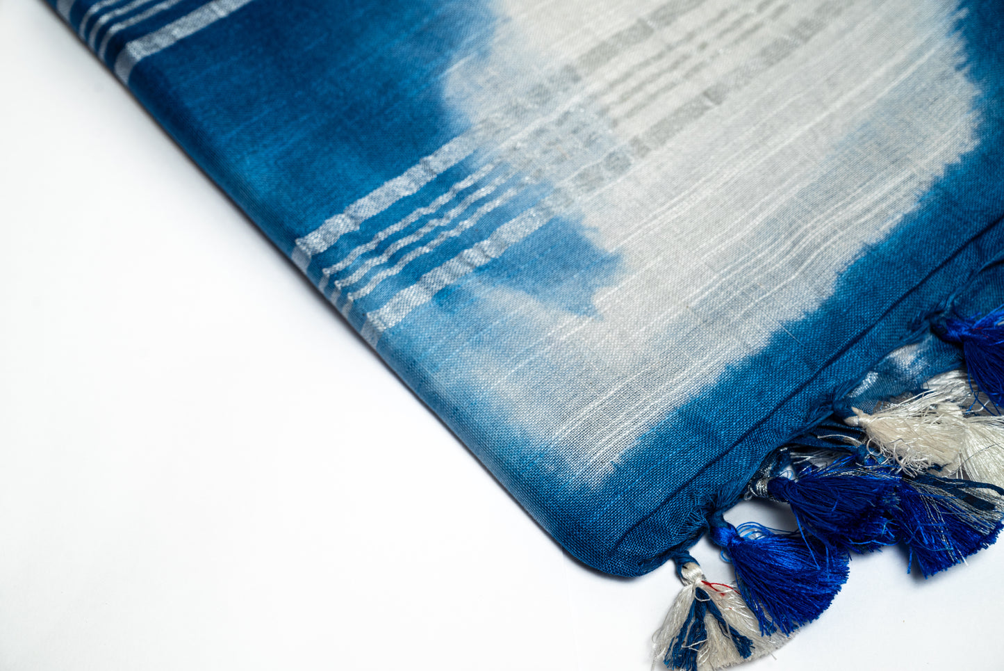 Sapphire Glow - Navy Blue and White Linen Saree with Navy Blue and White Tassels