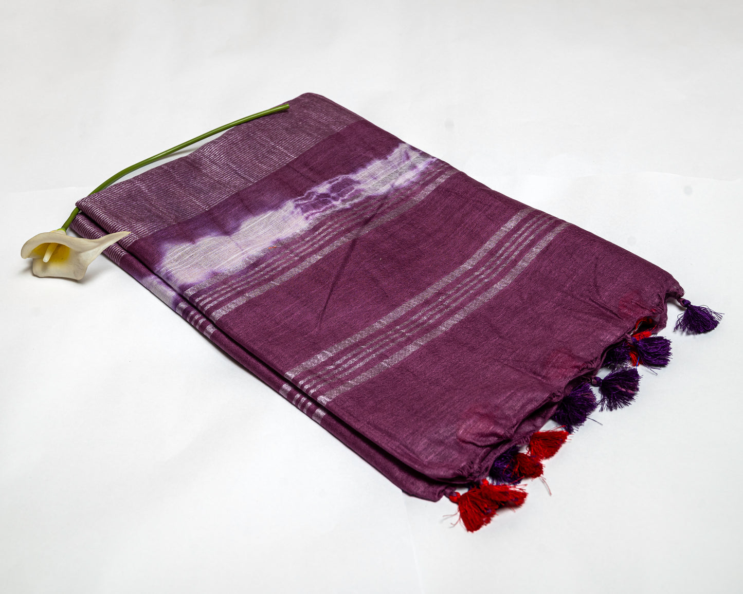 Crimson Tide - Bold Violet and Red Linen Saree with White Tie-Dye Effect