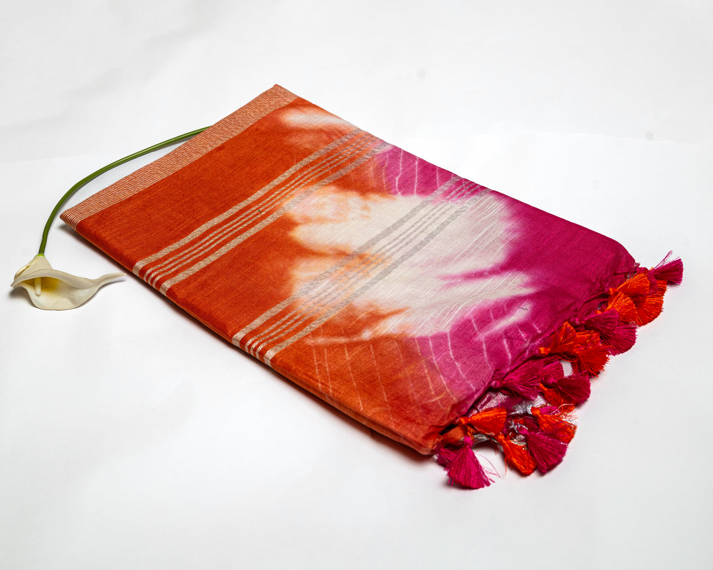 Tropical Burst - Vibrant Orange and Pink Linen Saree with White Tie-Dye Effect