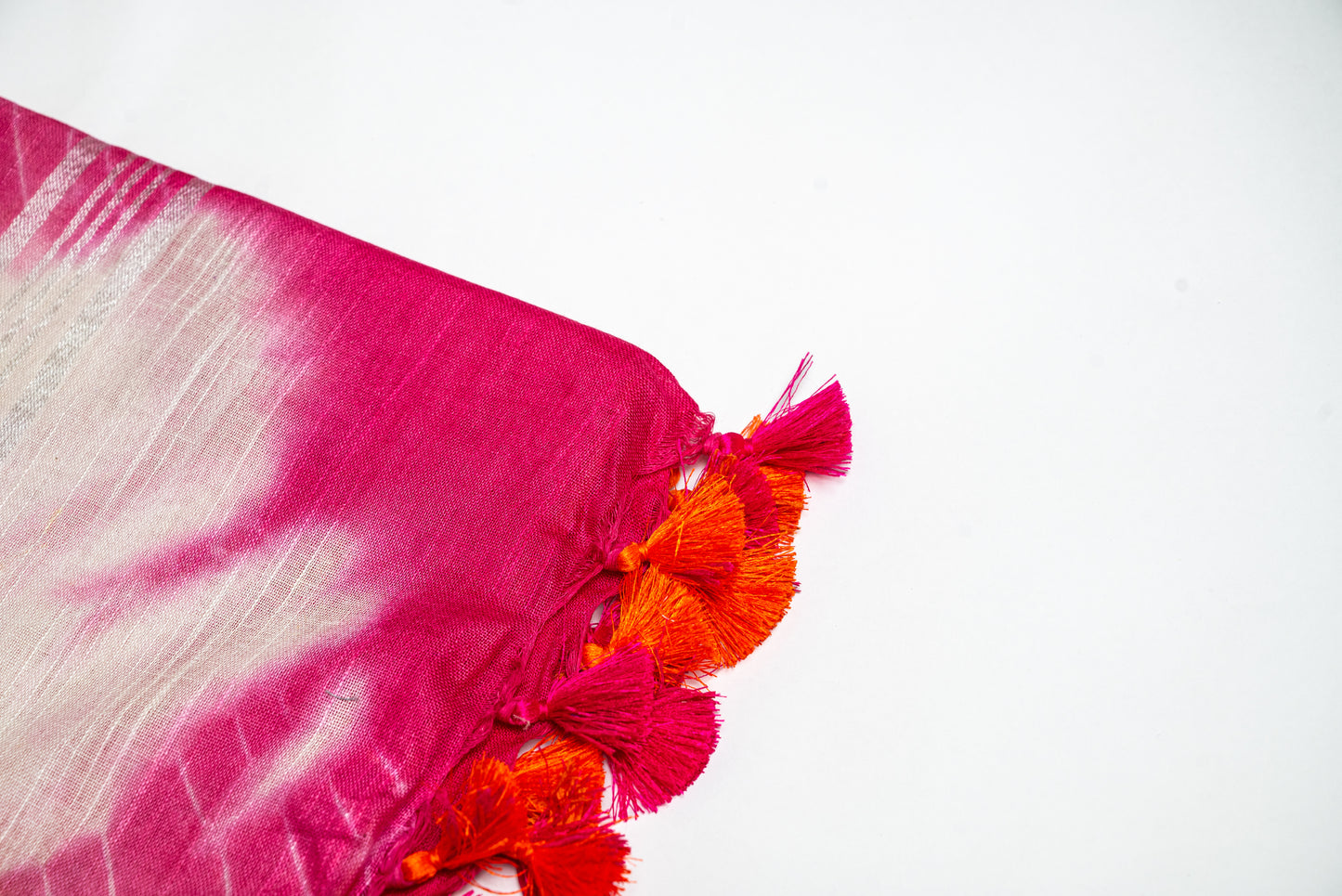 Tropical Burst - Vibrant Orange and Pink Linen Saree with White Tie-Dye Effect