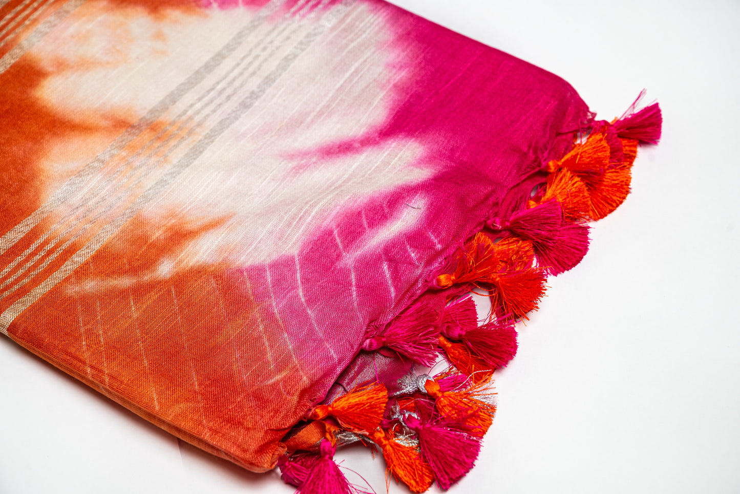 Tropical Burst - Vibrant Orange and Pink Linen Saree with White Tie-Dye Effect