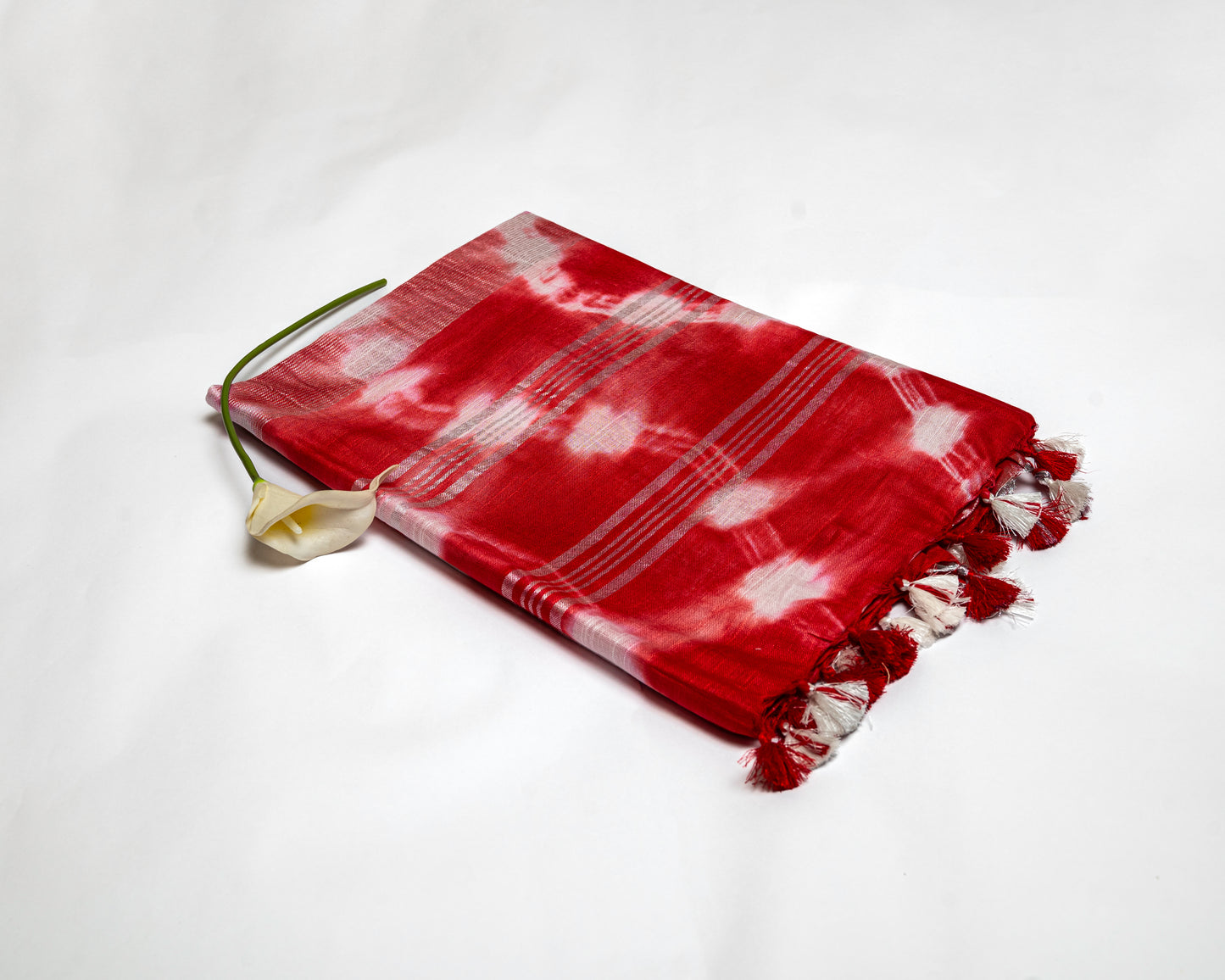 Scarlet Whispers - Red and White Linen Saree with Red and White Tassels