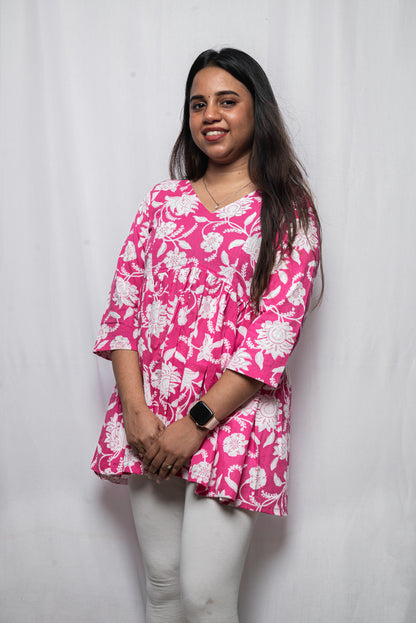 Blossom Pink Cotton V-Neck Kurti