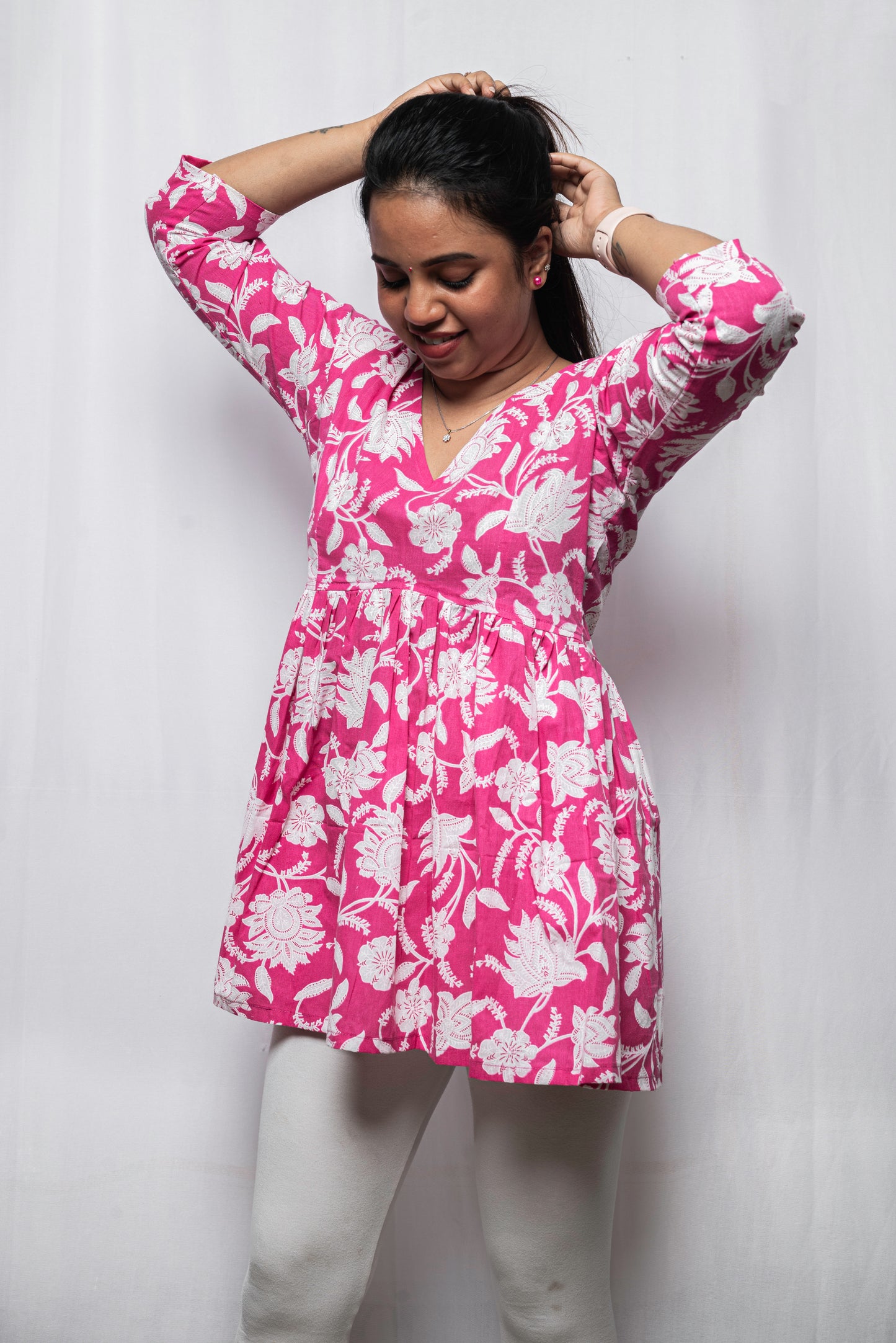 Blossom Pink Cotton V-Neck Kurti