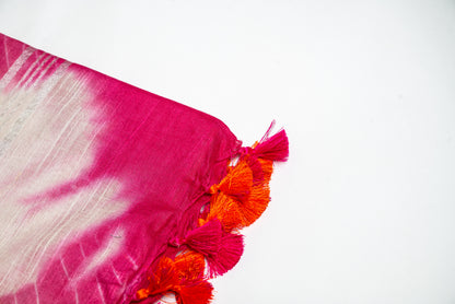 Tropical Burst  - Vibrant Orange and Pink Linen Saree with White Tie-Dye Effect