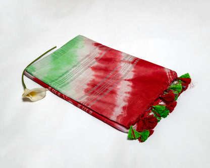 Verdant Blaze - Vibrant Red and Green Tie-Dye Linen Saree